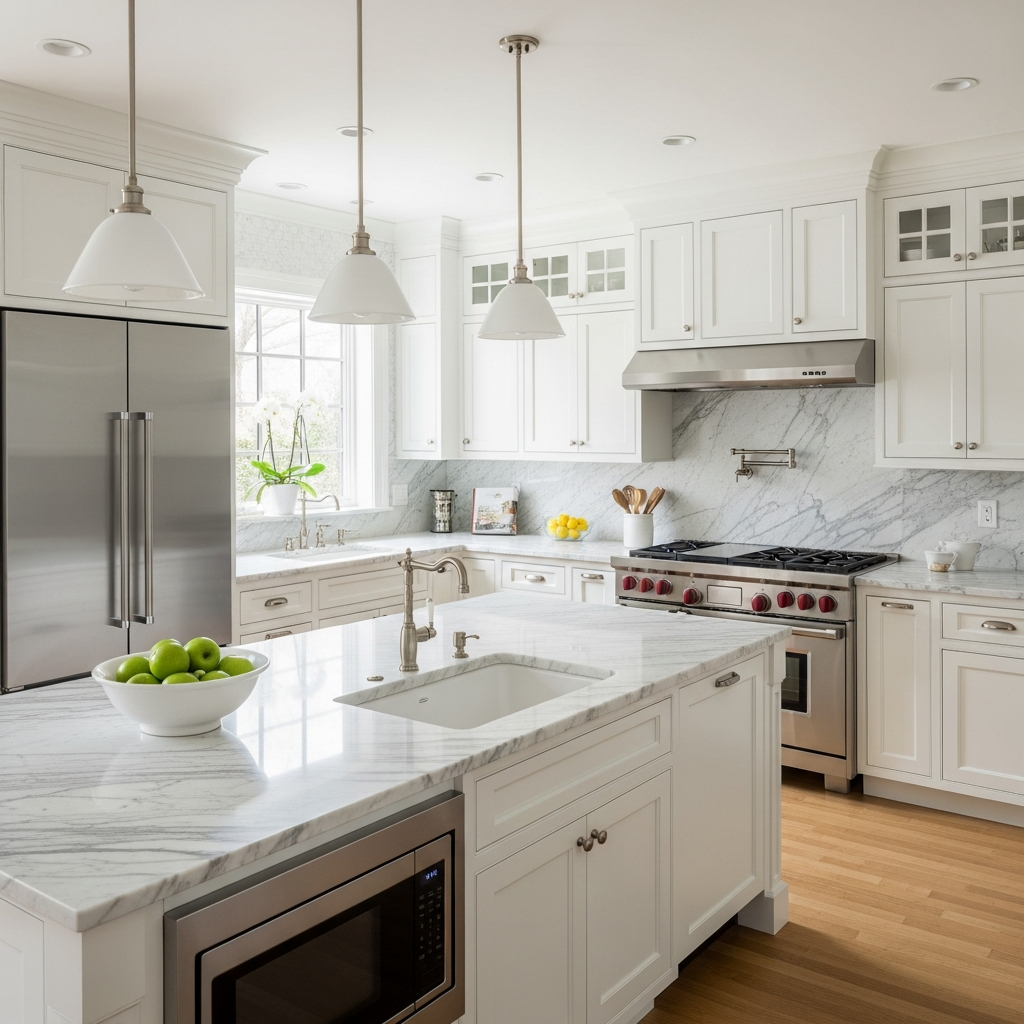 Modern white kitchen remodel with marble countertops