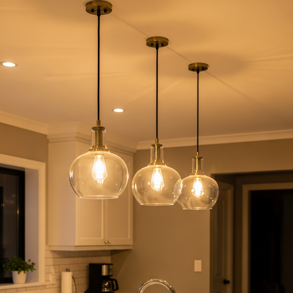Elegant glass pendant lights over kitchen island