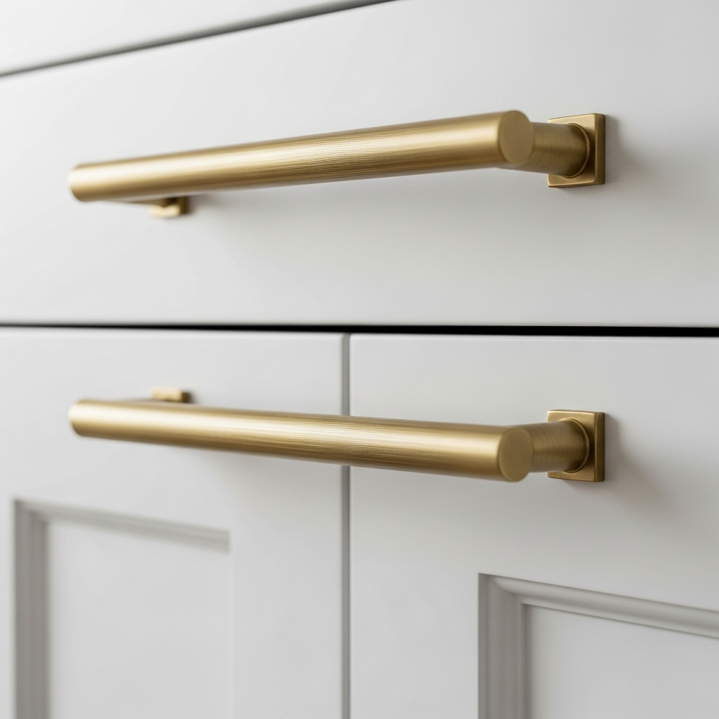 Brushed brass cabinet hardware on white shaker doors