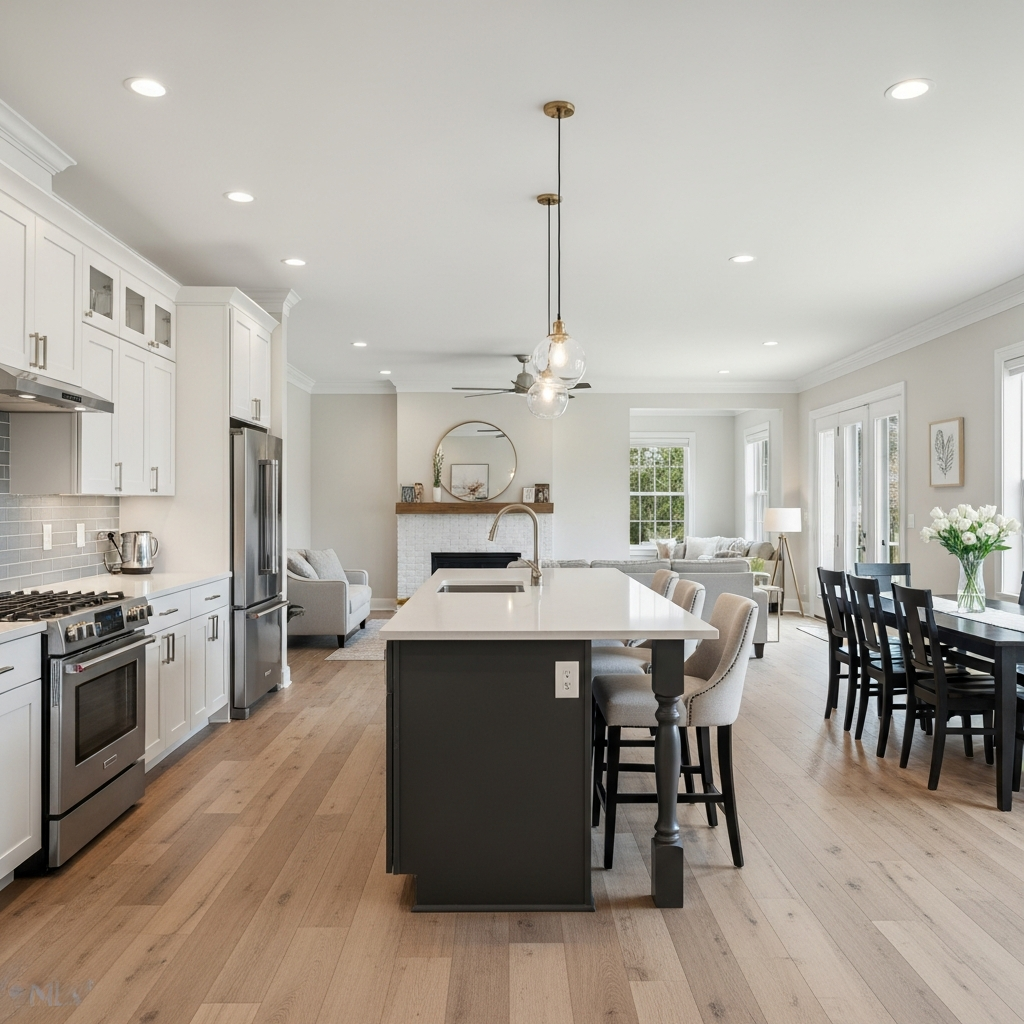 Open concept kitchen flowing into dining and living area