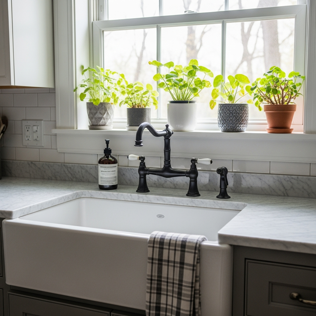 Farmhouse apron-front sink with designer faucet and window