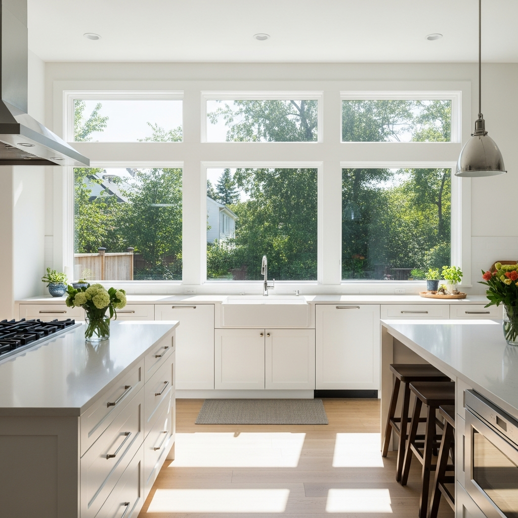 Light-filled modern kitchen with large windows