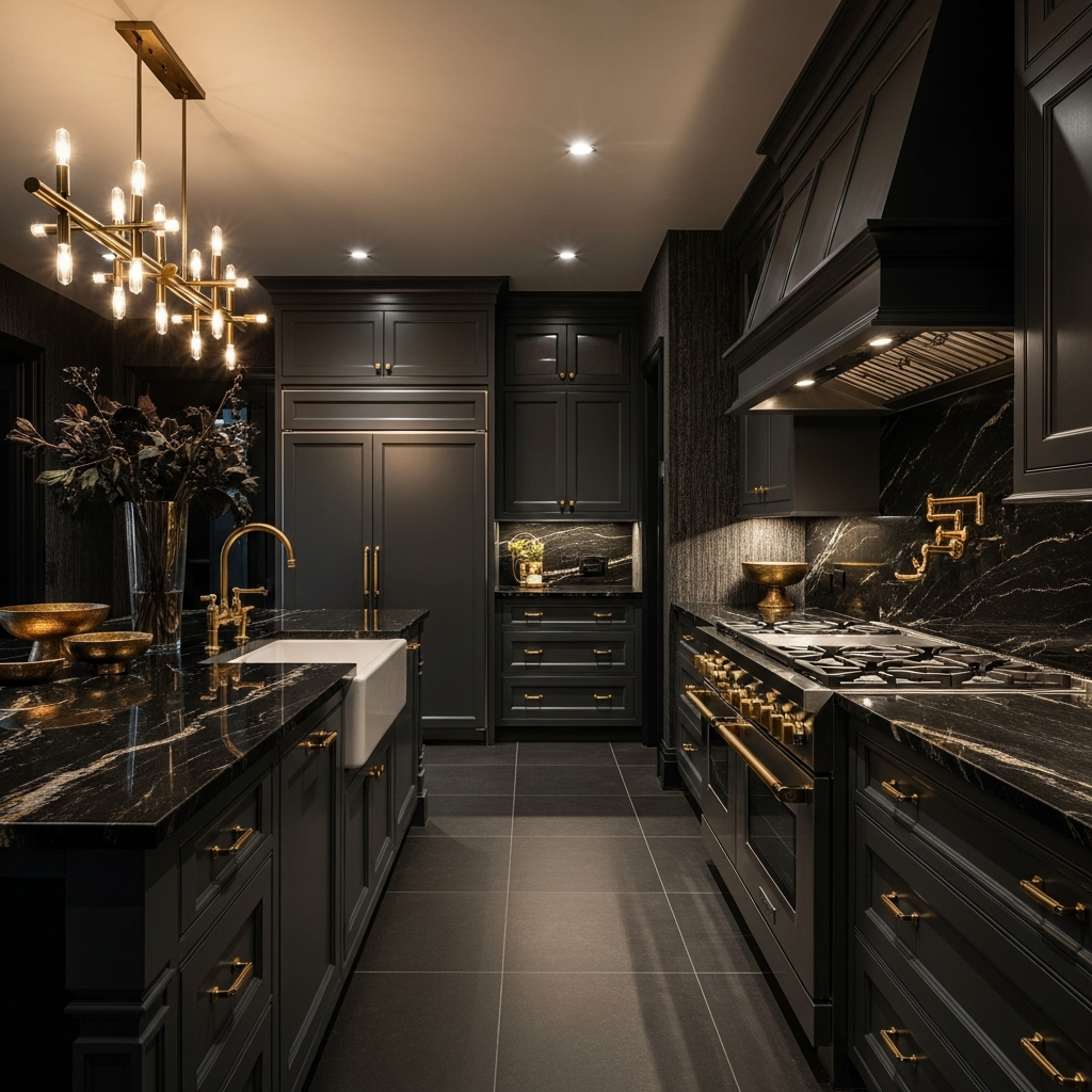 Dark luxury kitchen remodel with gold accents