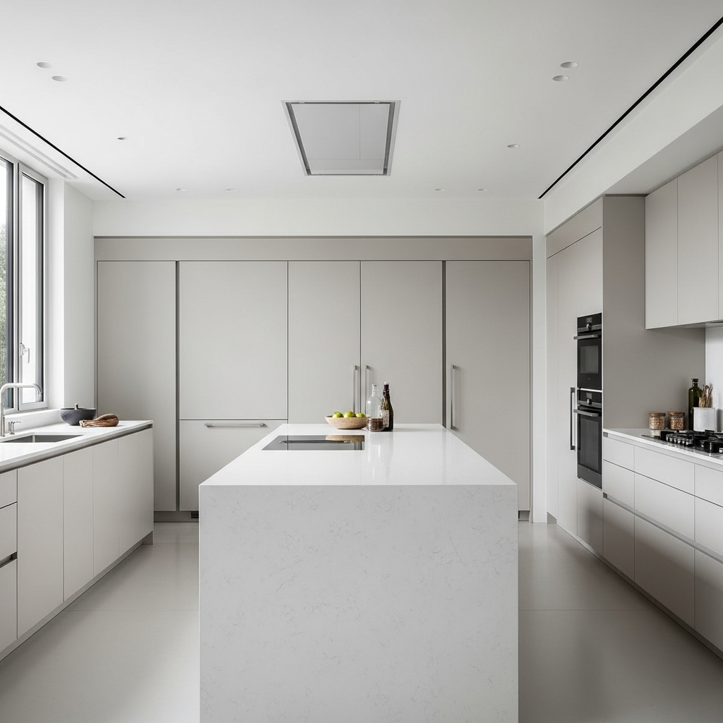 Sleek minimalist kitchen with flat-panel cabinets and waterfall island