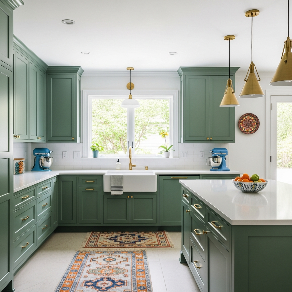 Bold colored cabinet kitchen with sage green cabinets