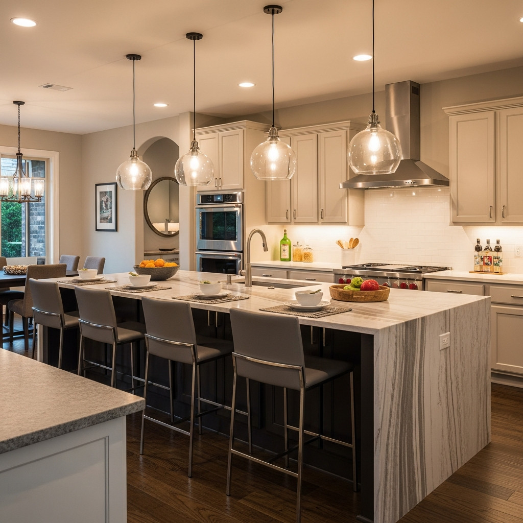 Kitchen island with waterfall edge, bar stools, and pendant lights